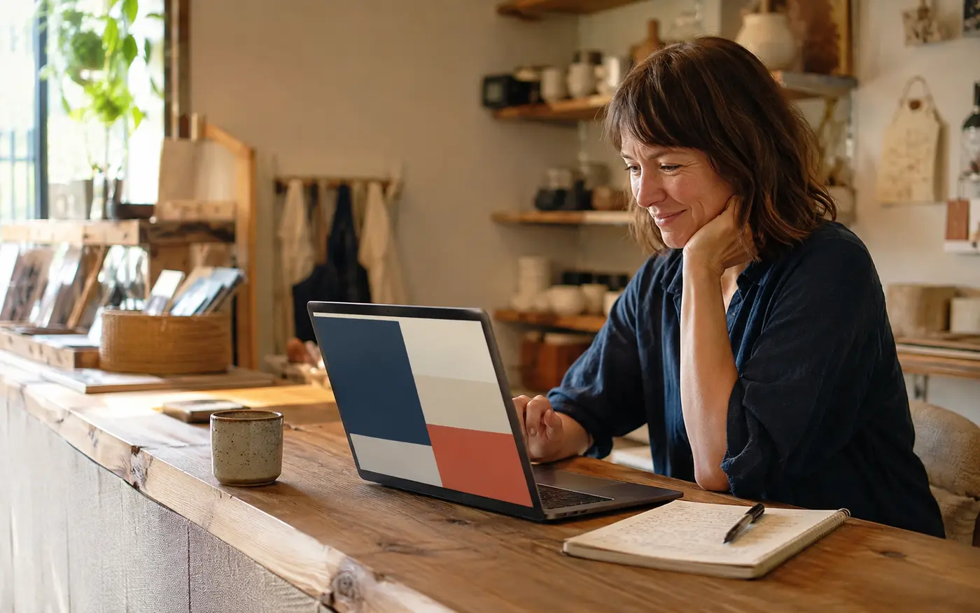 A small-business owner reviewing her website in her shop